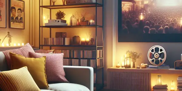 A cozy home theater scene with a plush couch, large screen, popcorn, and film memorabilia, inviting movie enjoyment.