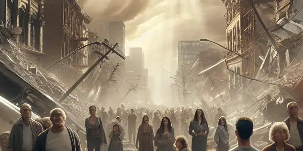 A devastated urban landscape after the Tangshan earthquake, featuring diverse characters expressing despair and hope amidst the ruins.