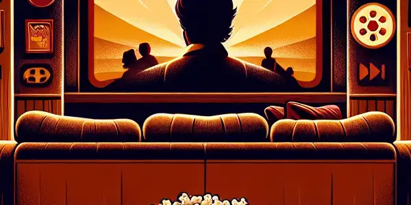 Cozy living room scene with a couch, large screen, popcorn, drinks, and movie platform logos.