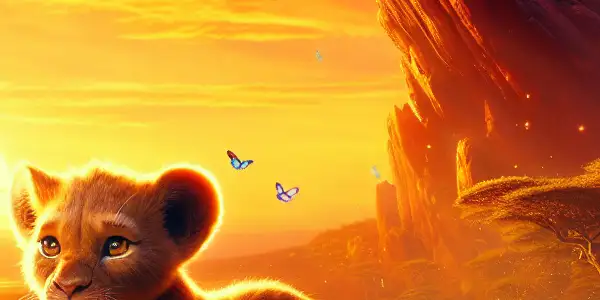 A playful lion cub surrounded by butterflies at sunset, with Pride Rock and Rafiki in the background.