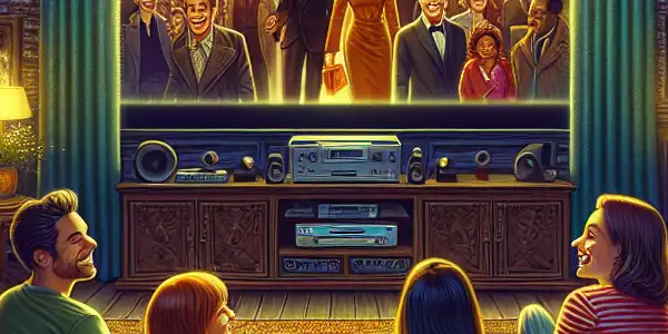 A cozy living room with friends enjoying a classic film, surrounded by snacks and vintage movie posters.