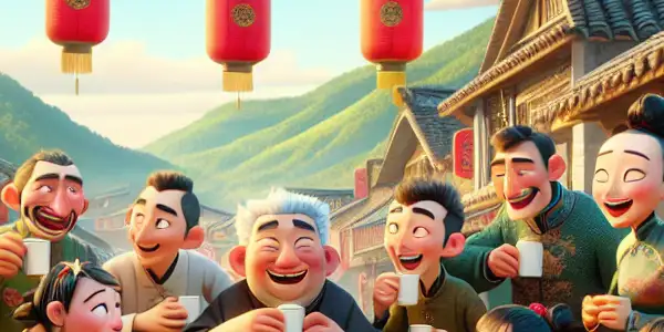 A lively Northeast Chinese street scene with animated characters enjoying tea and humor amidst traditional architecture and vibrant culture.
