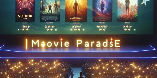 A vibrant digital interface displaying diverse film posters, with cozy seating and an excited audience exploring cinematic treasures.<a href=